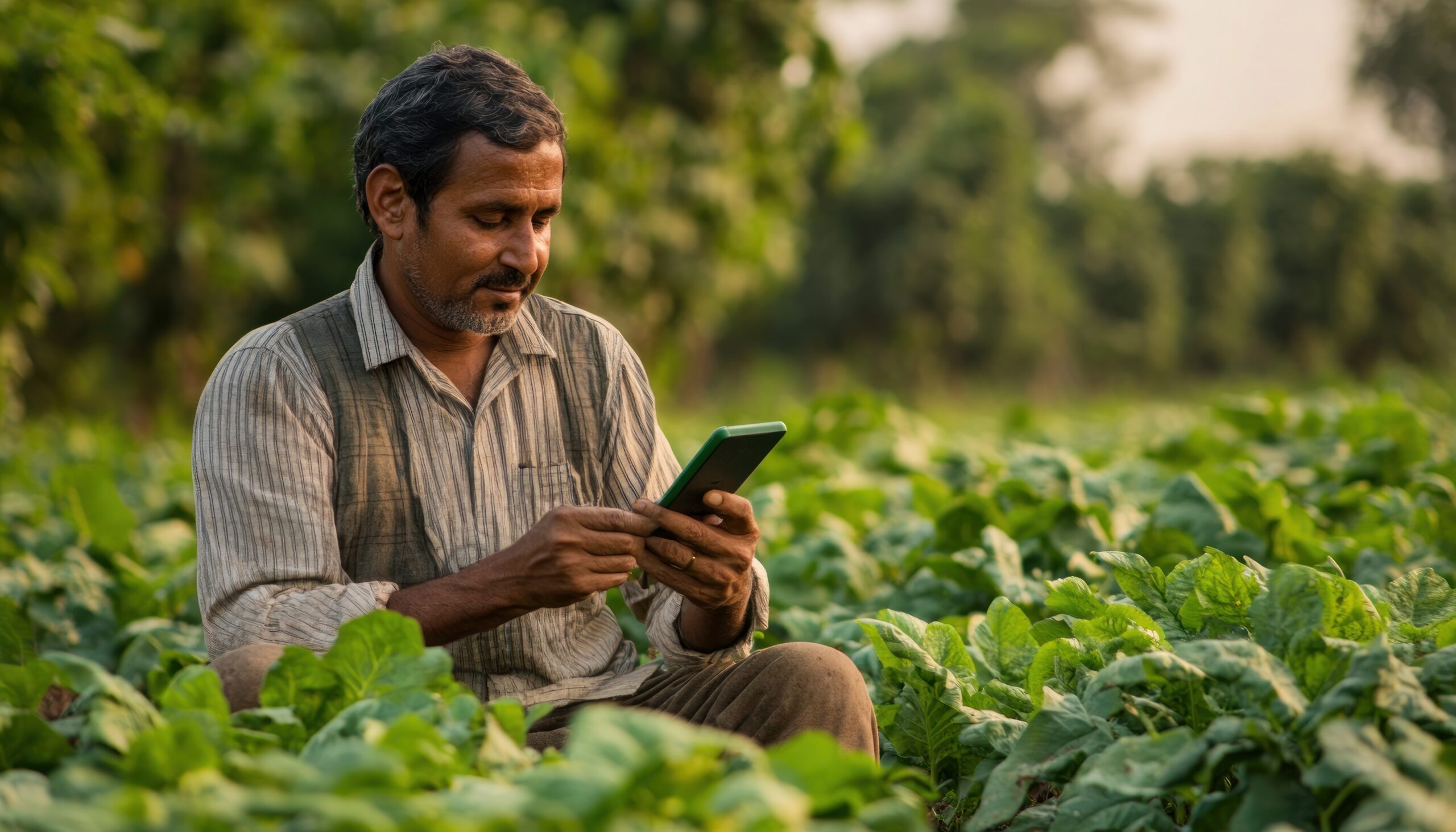 farmer using mobile phone field green plants scaled